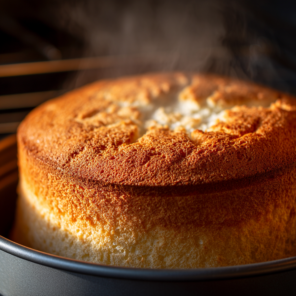 angel food cake baking in tube pan showing risen dome and browning top surface - angel food cake recipe