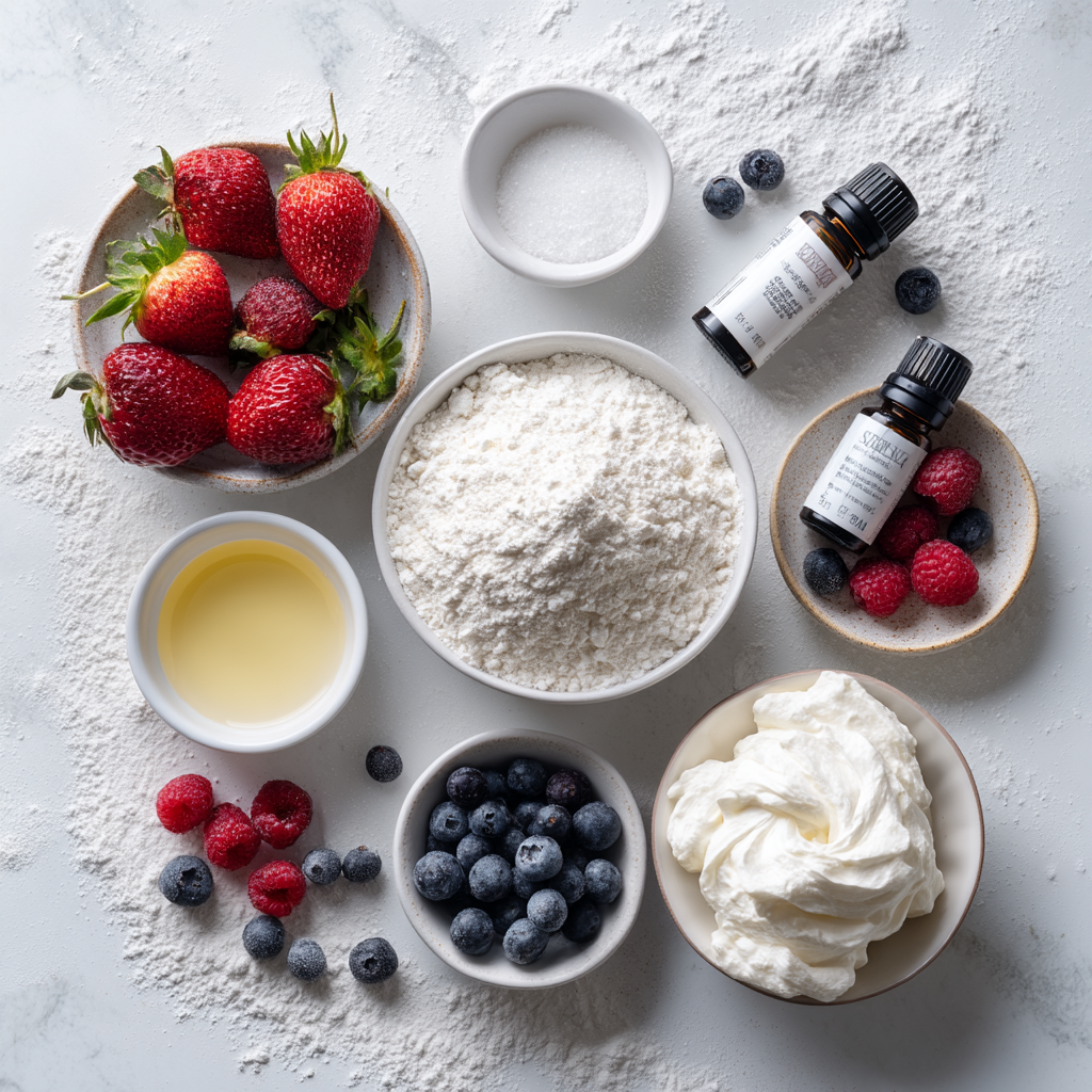 angel food cake recipe ingredients flat-lay showing egg whites, cake flour, sugar, cream of tartar, and extracts
