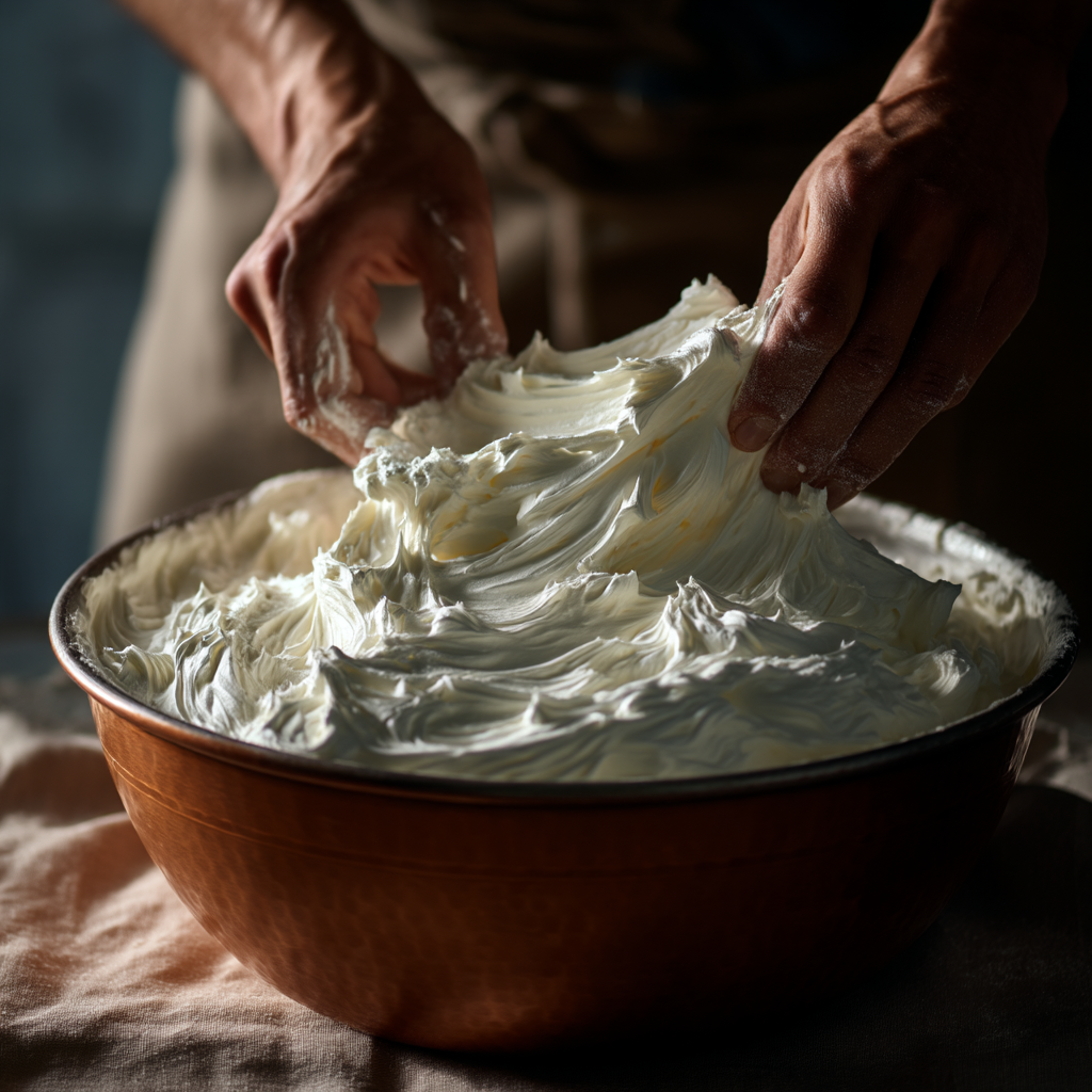 hands folding flour into whipped egg white foam for angel food cake recipe
