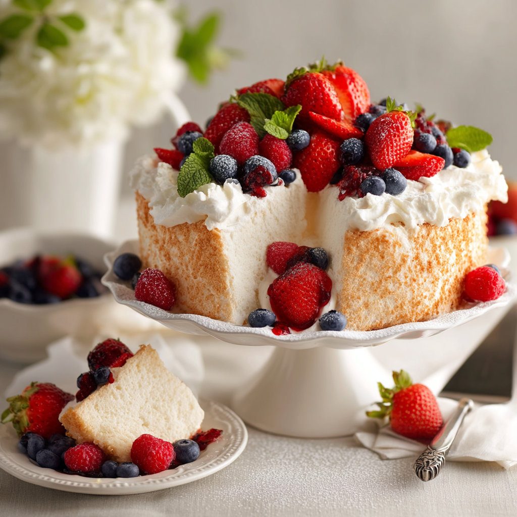 angel food cake recipe served on a plate with fresh strawberries blueberries and whipped cream