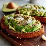avocado toast recipe hero shot 45 degree angle on bright table