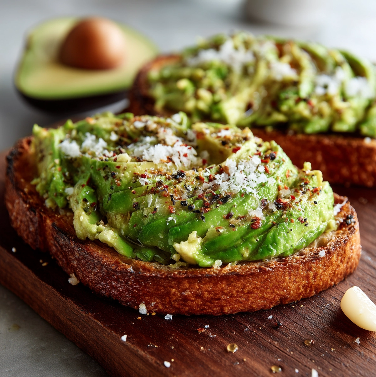 avocado toast recipe hero shot 45 degree angle on bright table