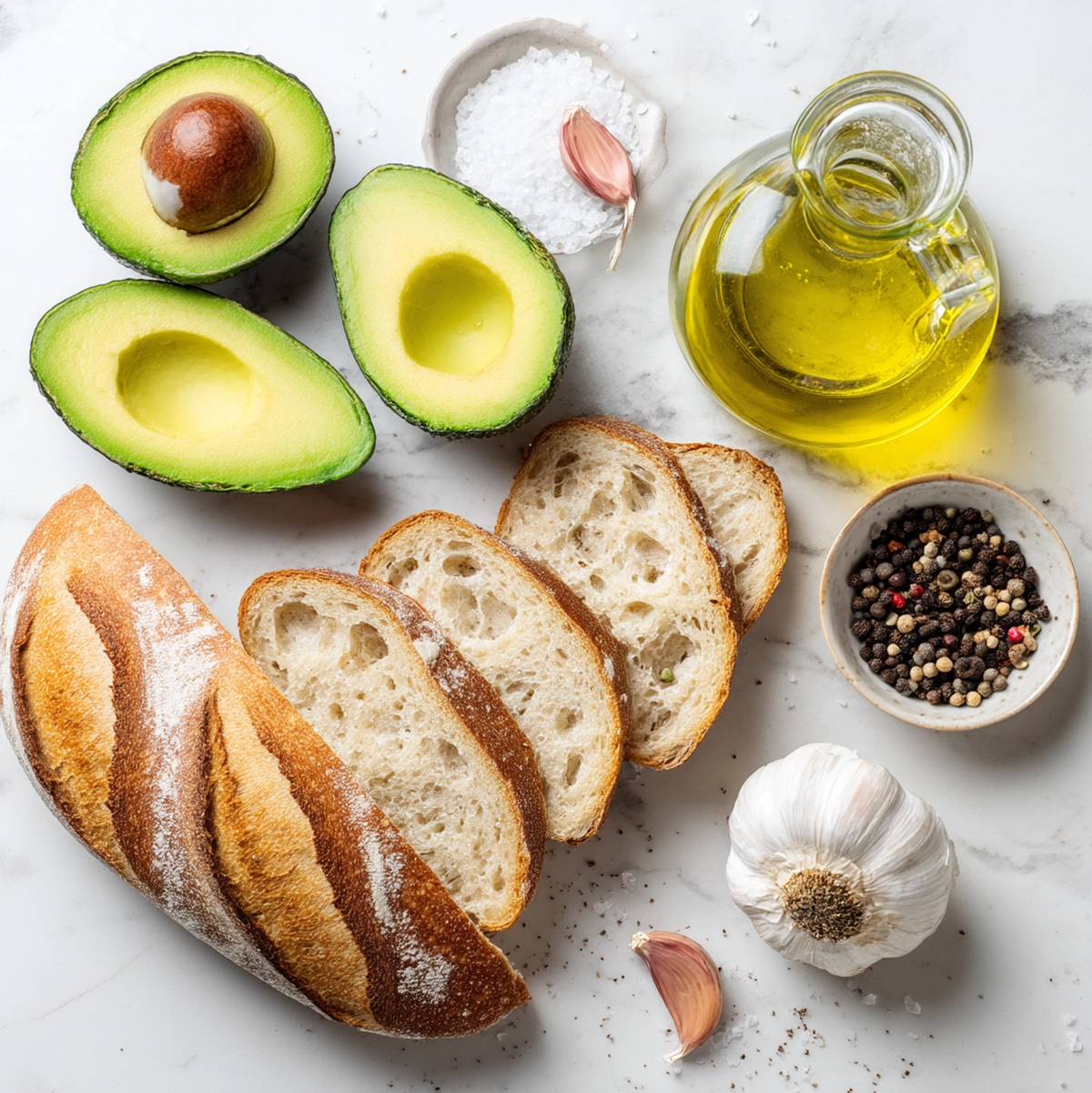 avocado toast recipe ingredients flat-lay showing sourdough bread, ripe Hass avocado, garlic clove, olive oil and kosher salt on a marble surface