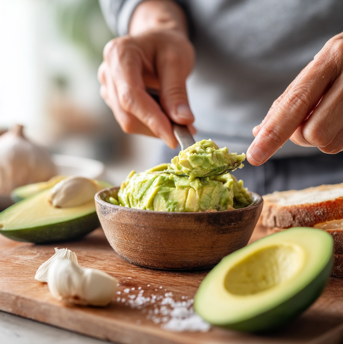 hands mashing avocado with a fork in a bowl for avocado toast recipe showing chunky texture