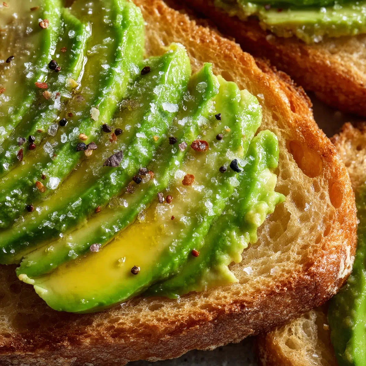 close-up detail of avocado toast with flaky sea salt and black pepper showing chunky avocado texture on sourdough