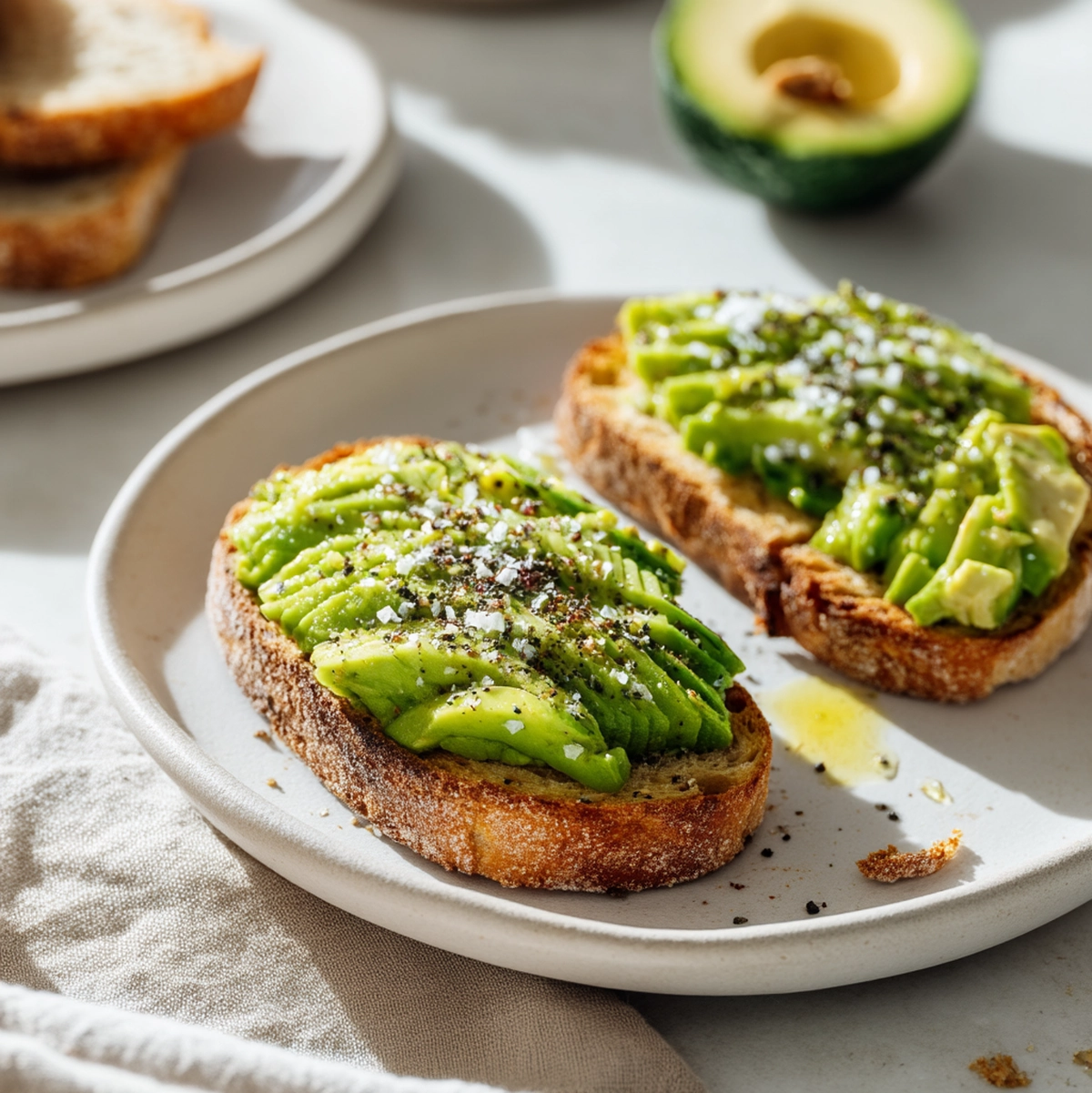 avocado toast recipe served on a wooden board with a side salad and fresh fruit at a breakfast table setting