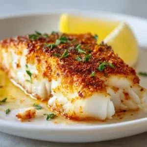 baked halibut recipe hero shot 45 degree angle on bright table