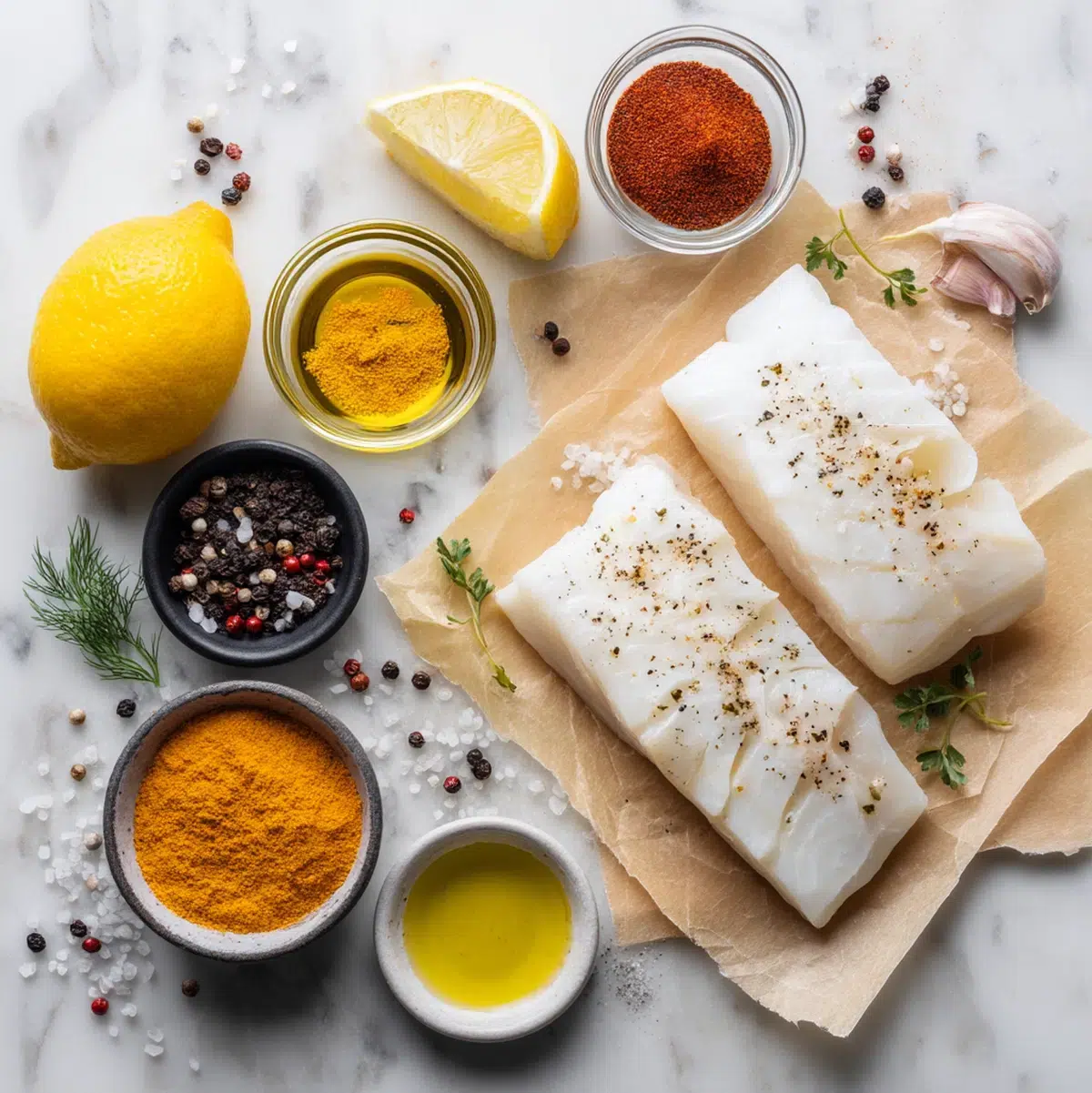 ingredients for baked halibut recipe arranged in prep bowls overhead view