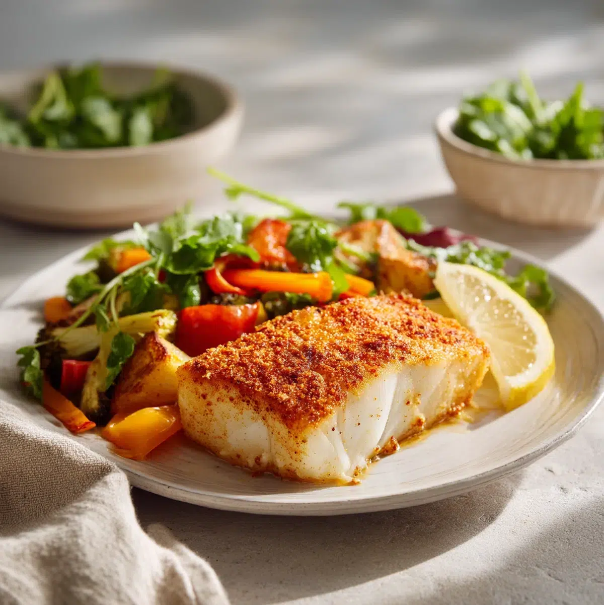 close up macro shot of baked halibut recipe showing texture and seasoning