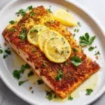 baked salmon recipe hero shot 45 degree angle on bright table