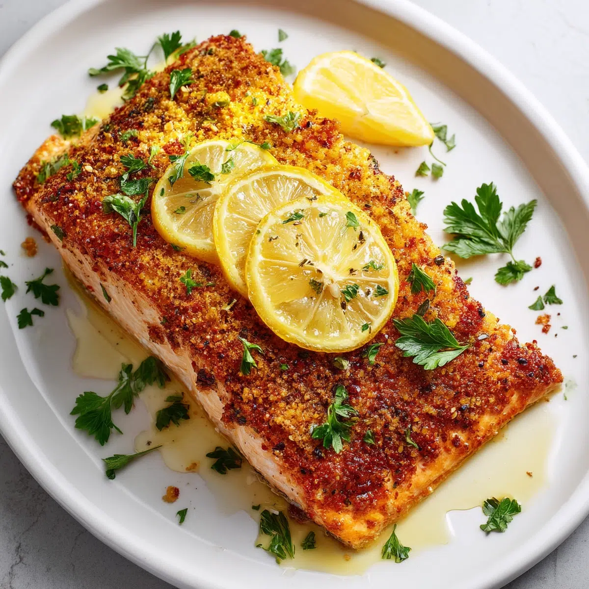 baked salmon recipe hero shot 45 degree angle on bright table