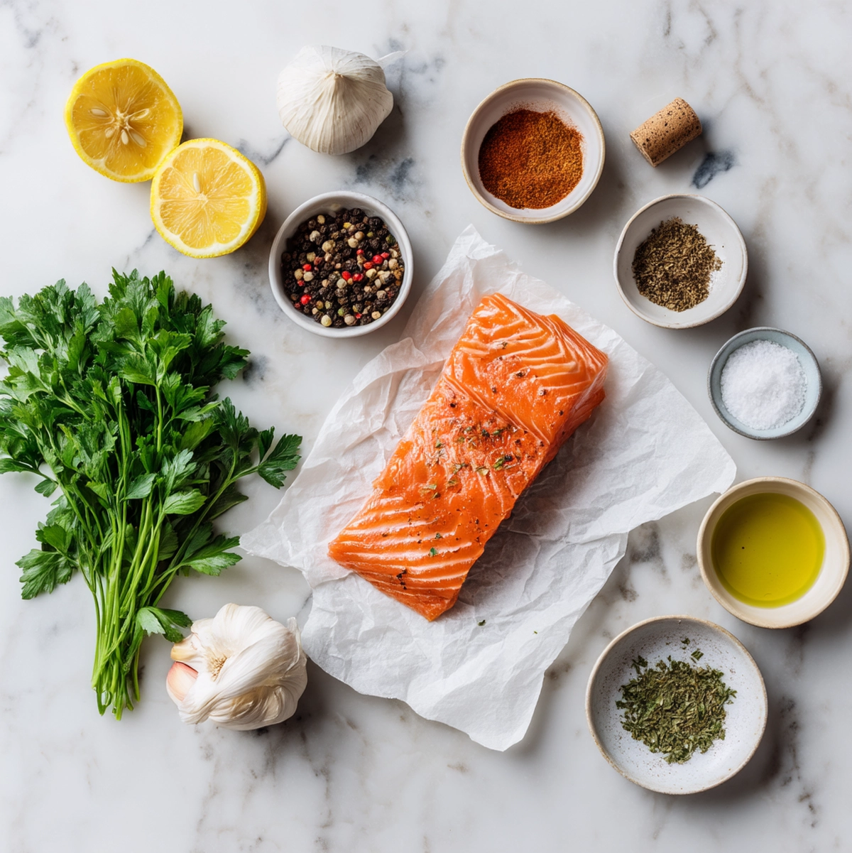 Baked salmon recipe ingredients flat-lay including salmon fillet, olive oil, lemon, garlic, and spices on a white surface