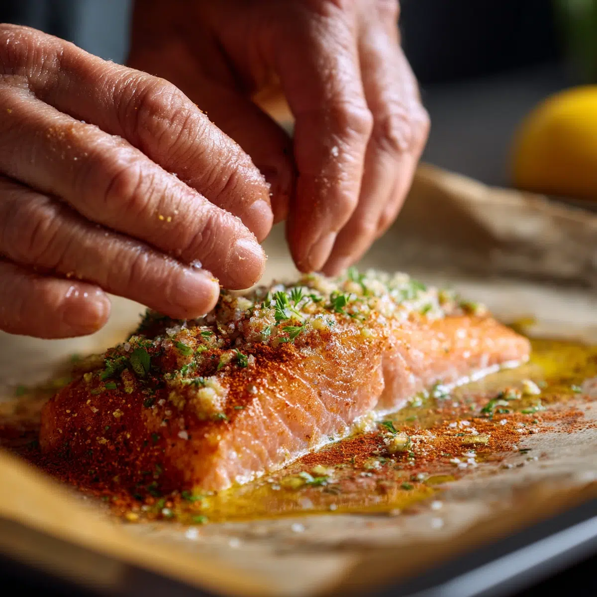 Hands spreading garlic paprika seasoning blend over raw salmon fillet on a parchment-lined sheet pan