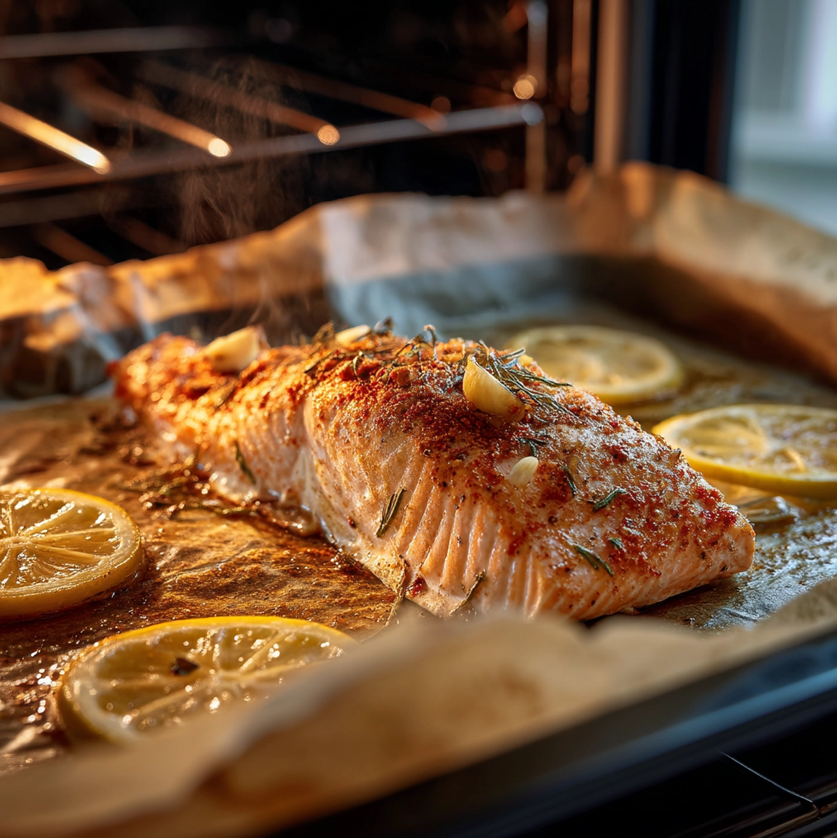 Baked salmon fillet cooking in the oven showing the edge of the fillet firming and turning opaque at the 12-minute mark