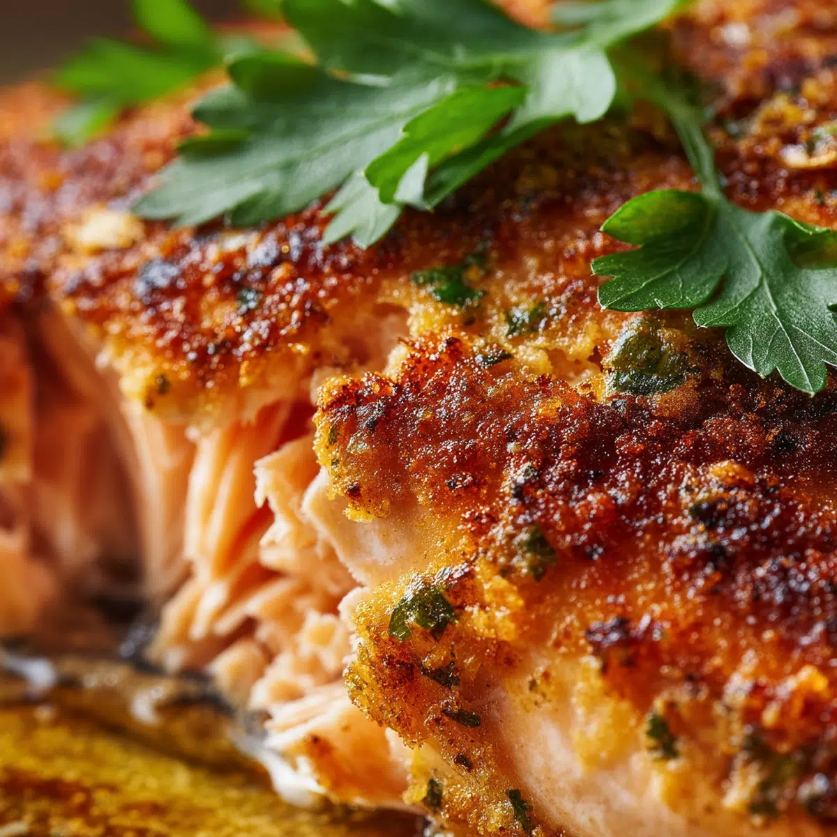 Close-up detail shot of baked salmon fillet showing flaky texture and paprika-seasoned surface