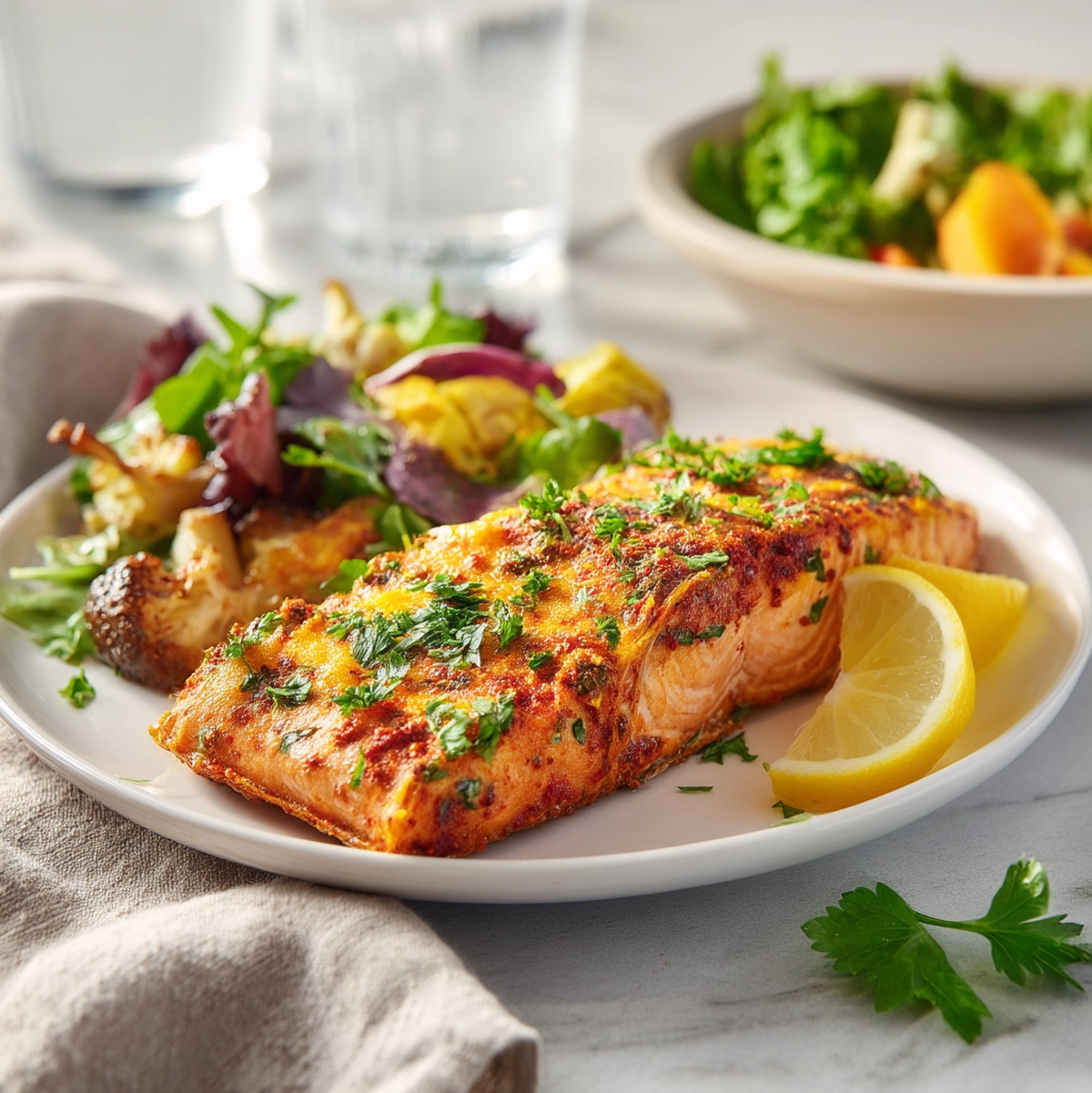 Baked salmon recipe served on a white plate with roasted asparagus and lemon wedges on a dinner table