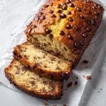 banana chocolate chip bread hero shot 45 degree angle on bright table