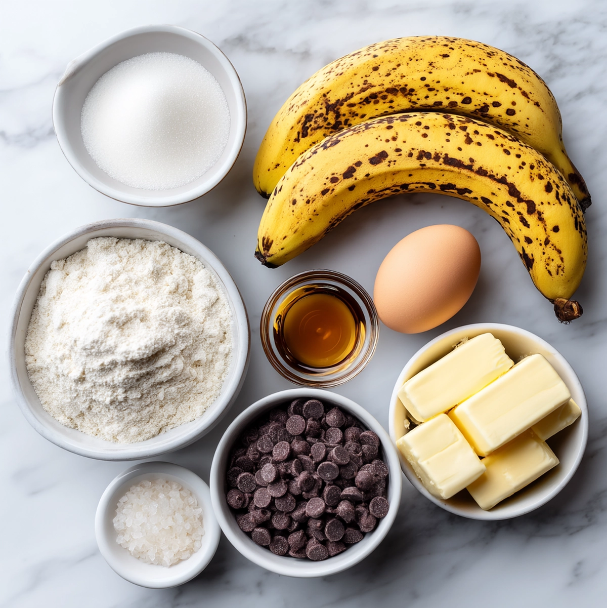 Ingredients laid out for banana chocolate chip bread including ripe bananas, butter, eggs, flour, and semisweet chocolate chips