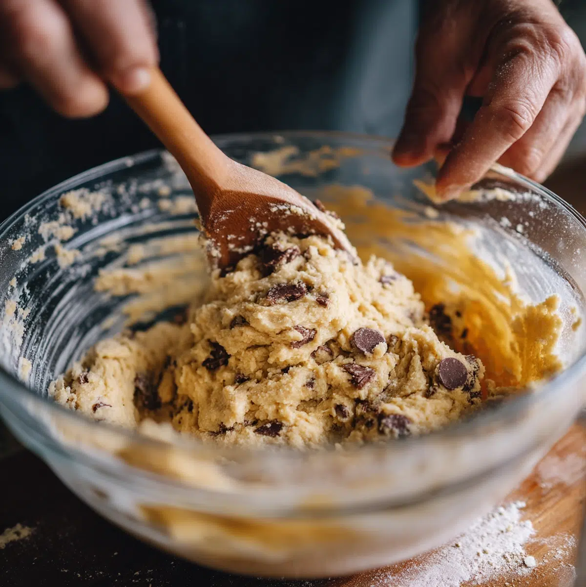 Banana bread batter being folded with semisweet chocolate chips before transferring to a buttered loaf pan