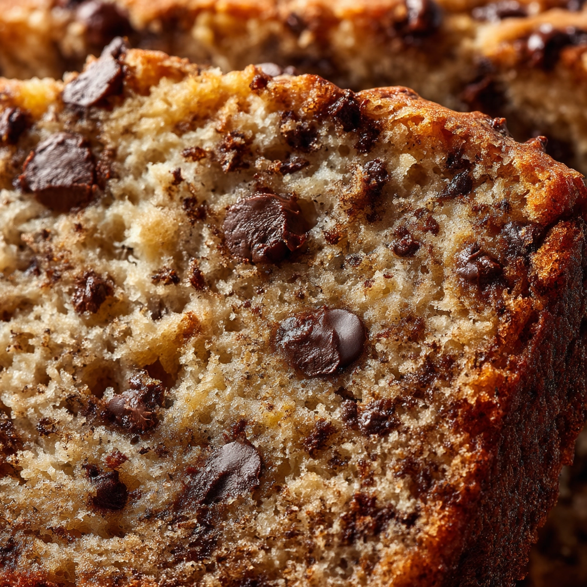 Close-up of a sliced banana chocolate chip bread loaf showing moist crumb and melted chips