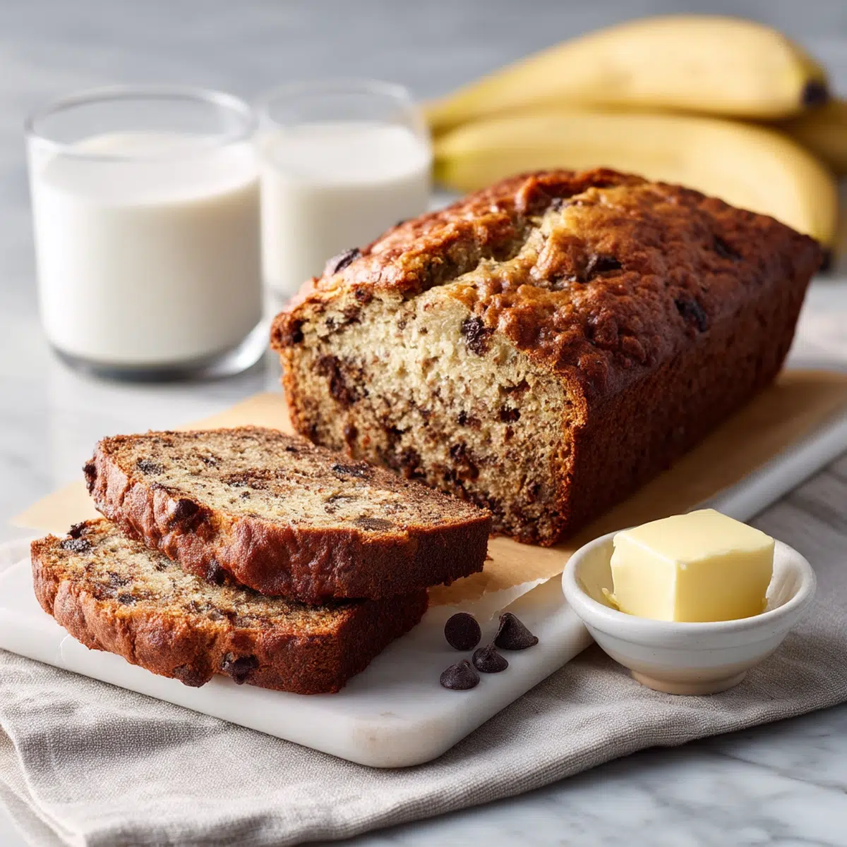 A finished banana chocolate chip bread loaf sliced on a wooden board with coffee and butter alongside