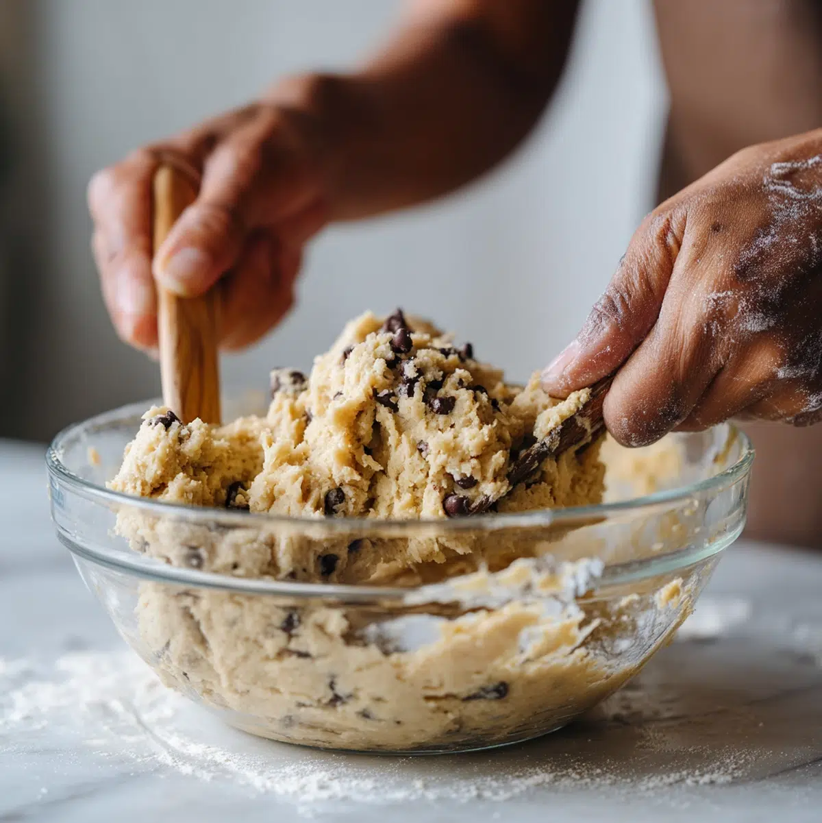 ingredients for banana chocolate chip cookies arranged in prep bowls overhead view