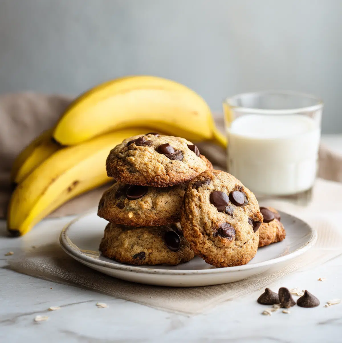 close up macro shot of banana chocolate chip cookies showing texture and seasoning