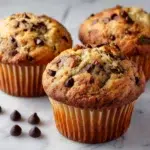banana chocolate chip muffins hero shot 45 degree angle on bright table