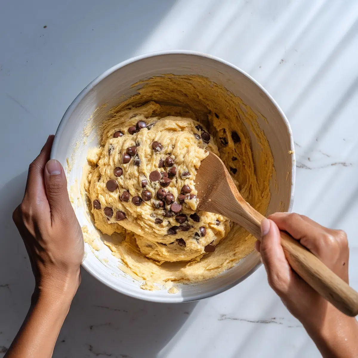 hands preparing banana chocolate chip muffins on a cutting board kitchen scene