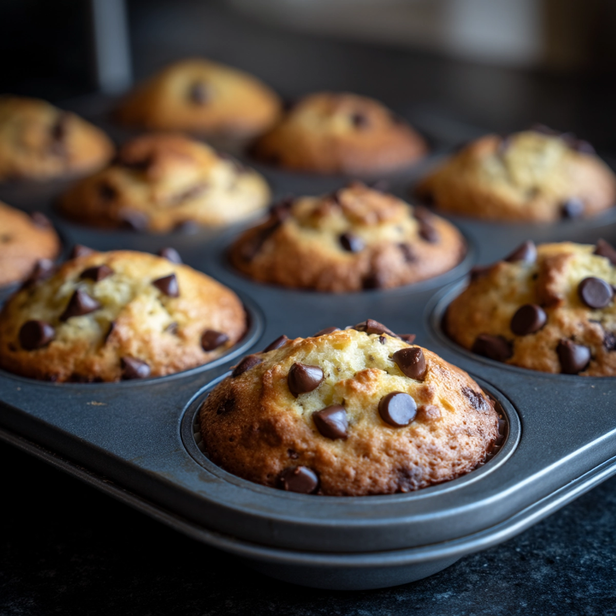 banana chocolate chip muffins cooking in a pan with steam rising on stovetop