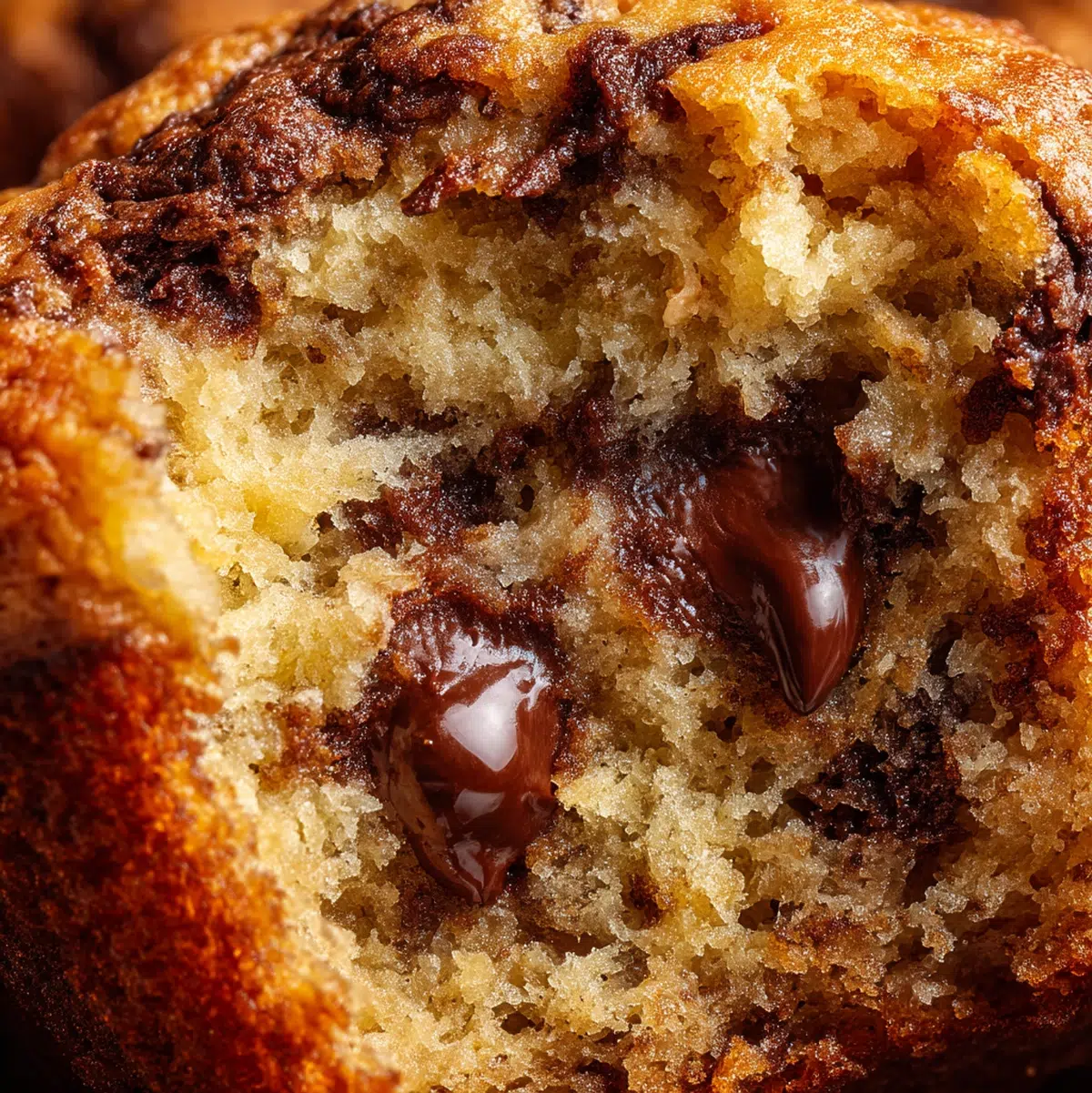 close up macro shot of banana chocolate chip muffins showing texture and seasoning