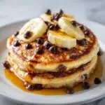 banana chocolate chip pancakes hero shot 45 degree angle on bright table