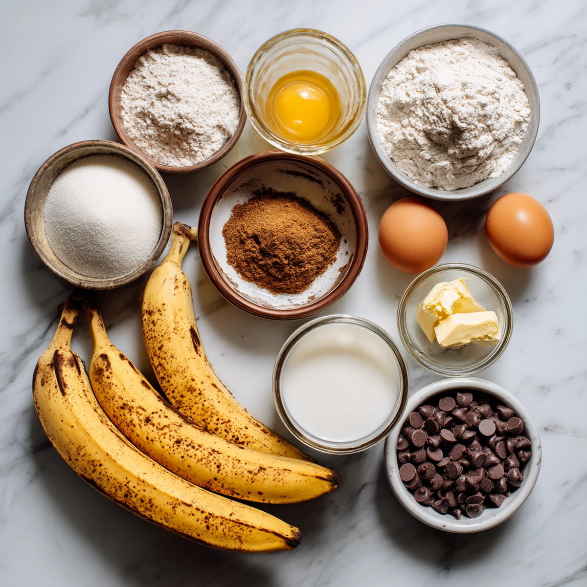 Ingredients flat-lay for banana chocolate chip pancakes