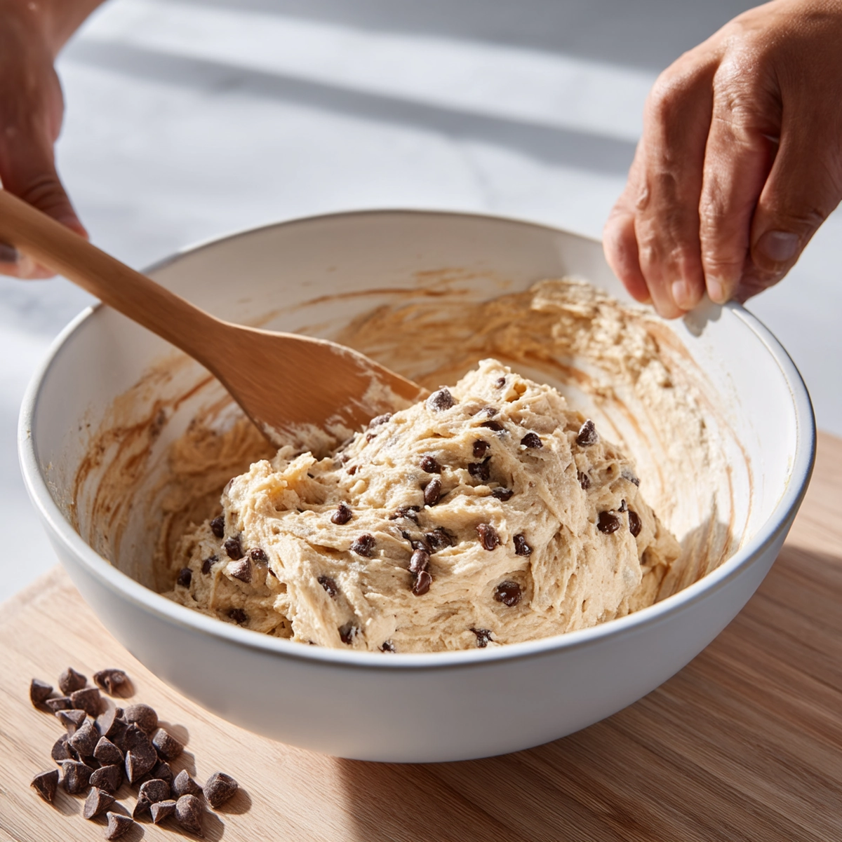 Hands mashing ripe bananas for banana chocolate chip pancakes batter