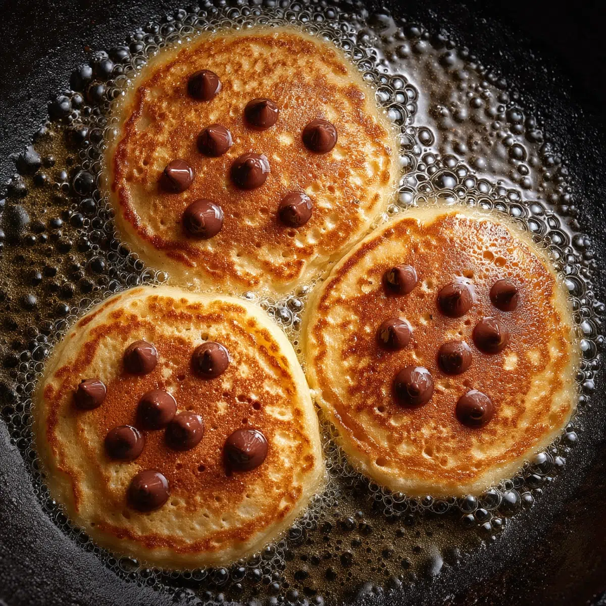 Banana chocolate chip pancakes cooking in air fryer at 320F