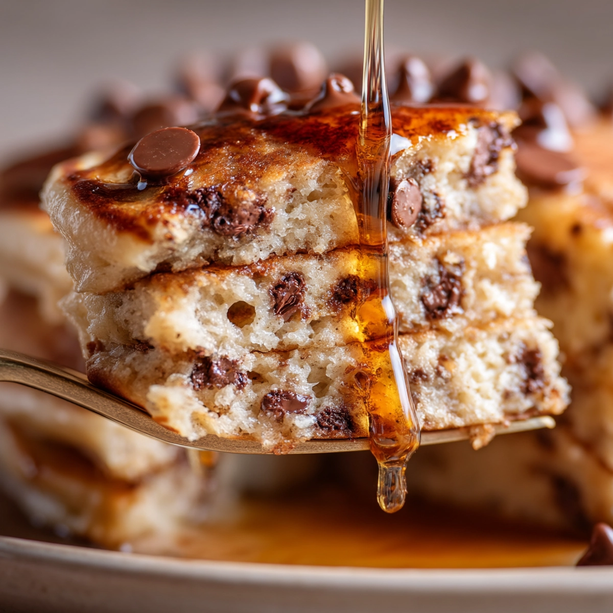 Close-up texture shot of fluffy banana chocolate chip pancakes
