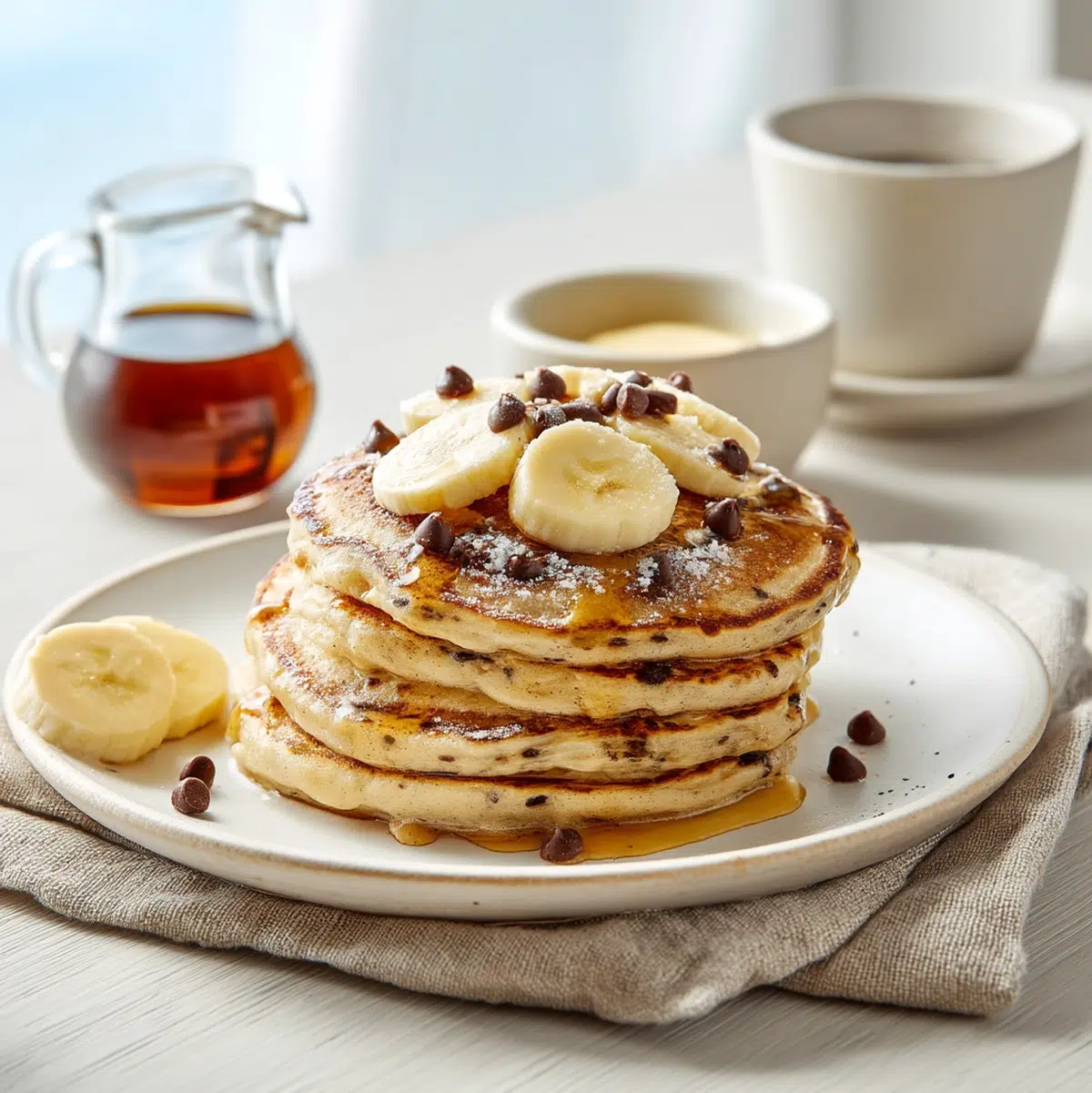 Stack of banana chocolate chip pancakes served with maple syrup