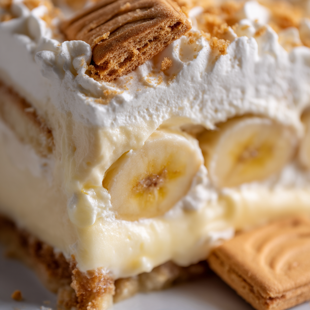 Banana Pudding Recipe (Chef-Tested, Ready in 4 Hours) 15 close up detail of banana pudding showing soft wafer layers and creamy pudding texture - banana pudding recipe