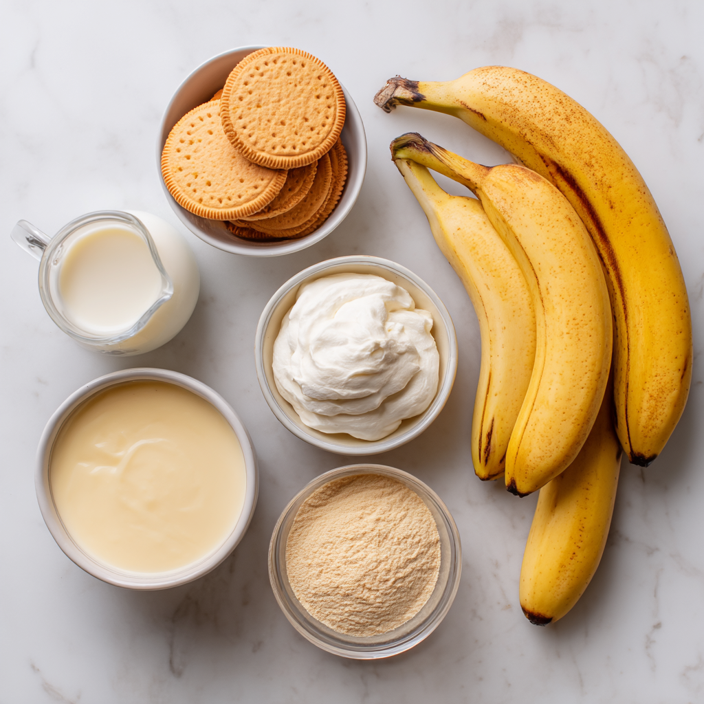 Banana Pudding Recipe (Chef-Tested, Ready in 4 Hours) 12 banana pudding recipe ingredients flat lay including vanilla wafers, bananas, pudding mix, and condensed milk