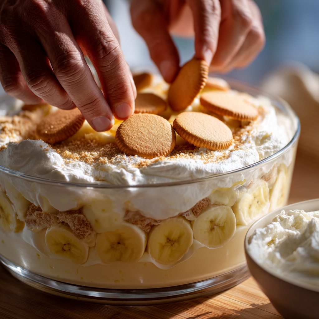 Banana Pudding Recipe (Chef-Tested, Ready in 4 Hours) 13 hands folding whipped topping into vanilla pudding mixture for banana pudding recipe