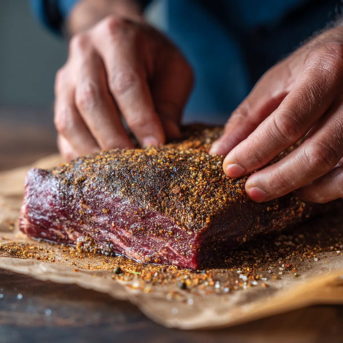 hands preparing beef brisket recipe on a cutting board kitchen scene