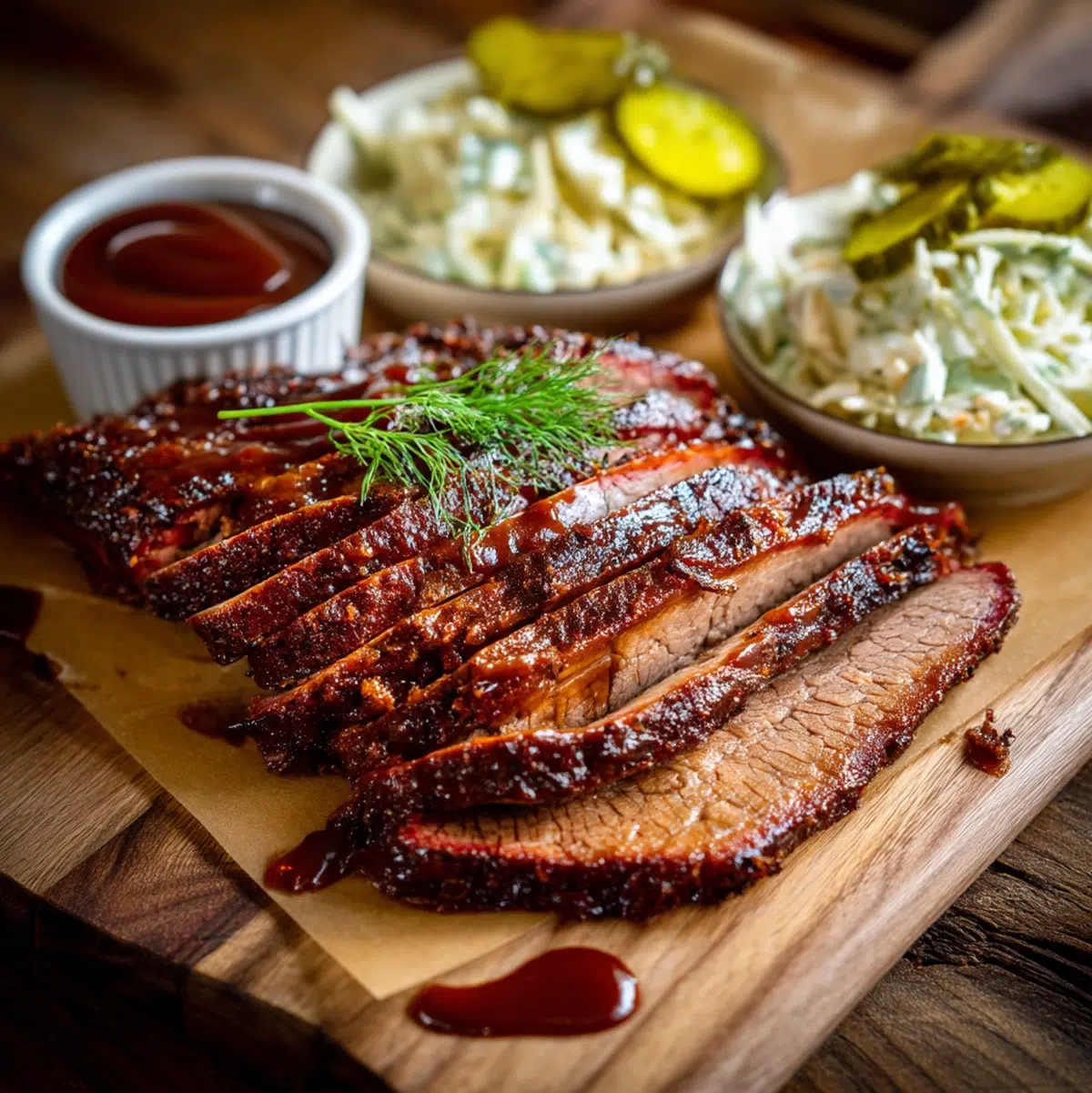 beef brisket recipe served on a table with side dishes bright kitchen