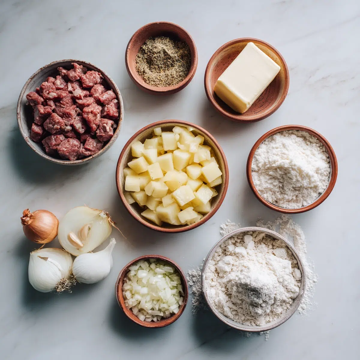 ingredients flat-lay for beef empanadas showing beef chuck, flour, butter, potatoes, olives, and spices