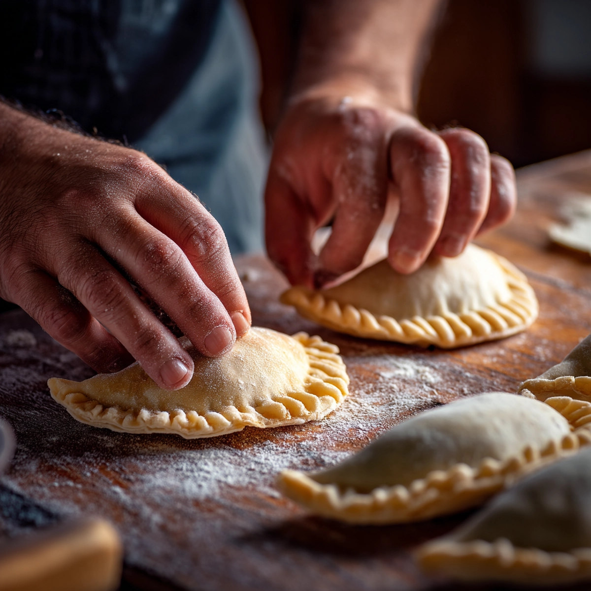 hands kneading beef empanada dough on a floured board until smooth