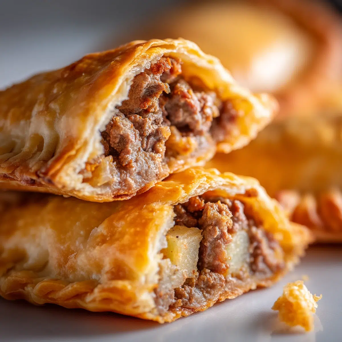 close-up of baked beef empanada showing crimped edge and deep amber crust texture - beef empanadas recipe