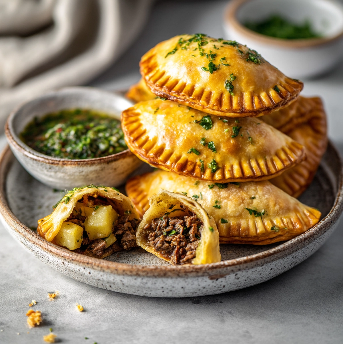 beef empanadas recipe served on a wooden board with chimichurri sauce and fresh herbs