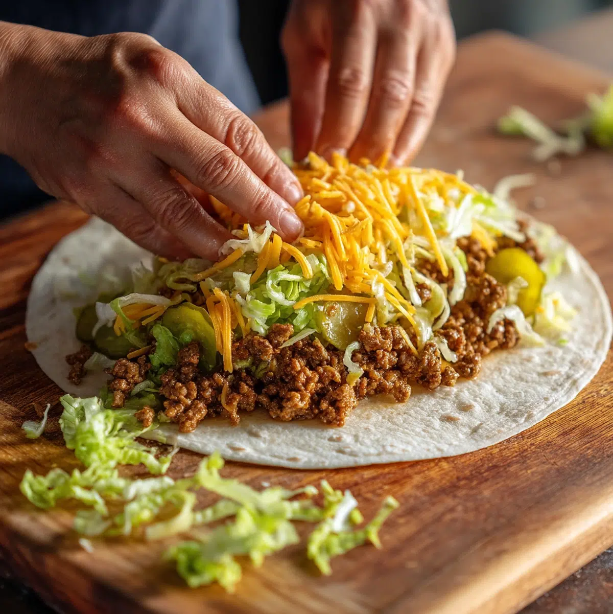 hands assembling big mac wraps recipe with sauce and ground beef on flour tortilla