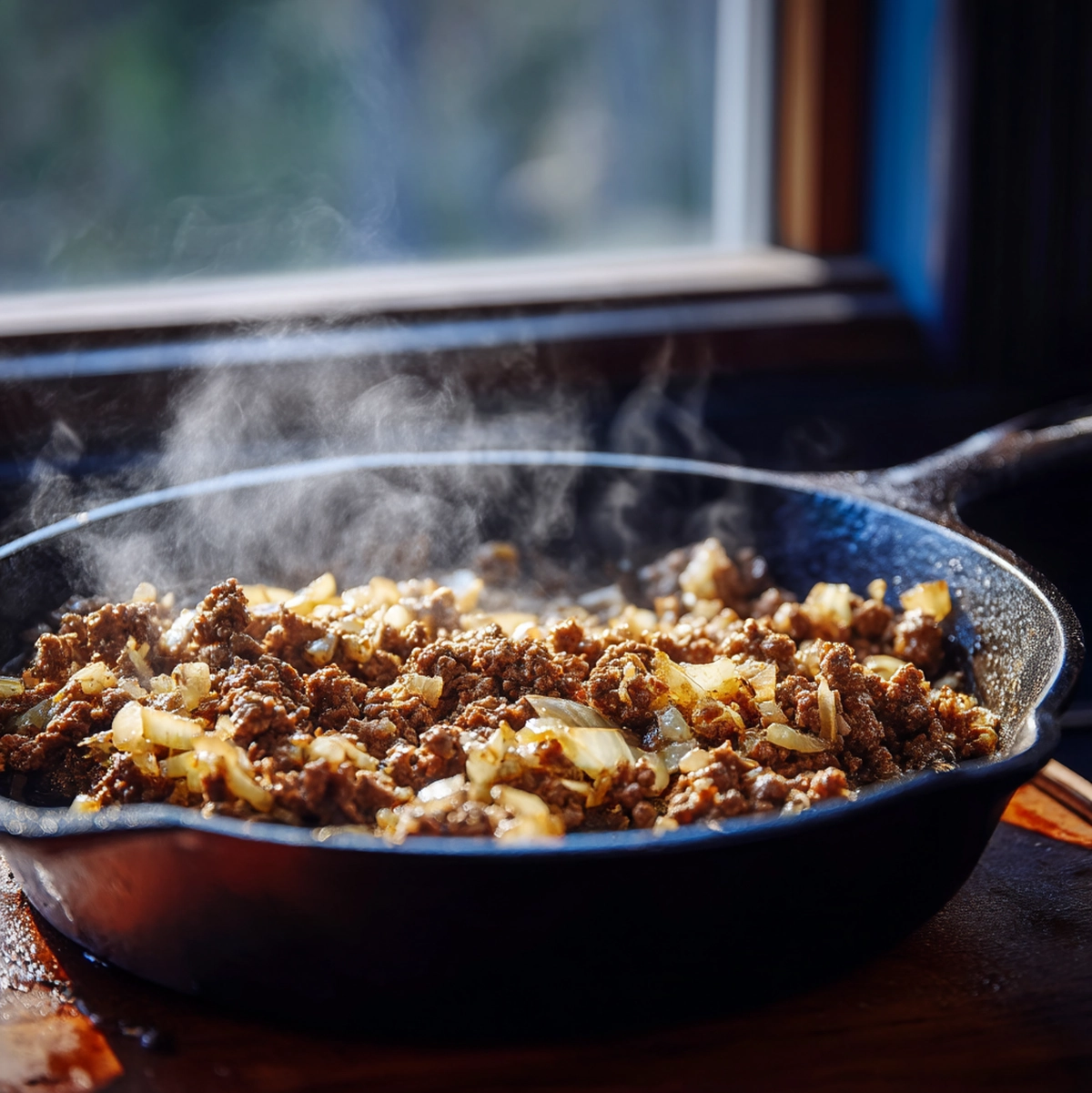 ground beef browning in cast iron skillet for big mac wraps recipe cooking transformation