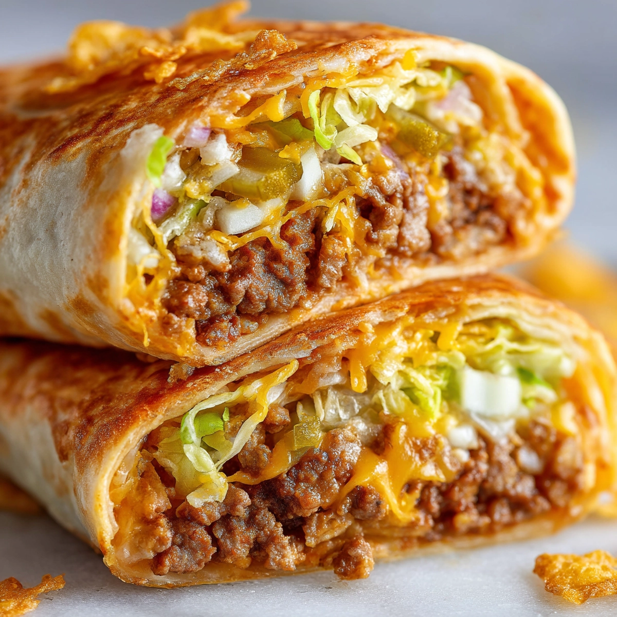 close-up detail of big mac wraps recipe cross-section showing layers of sauce, beef, cheese, and lettuce