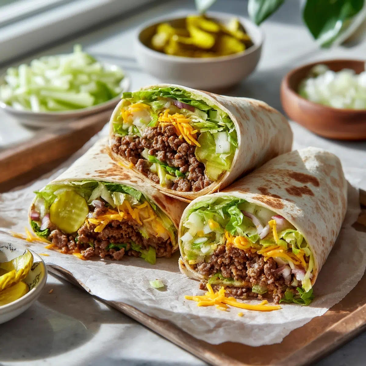 big mac wraps recipe served on a table with sliced cross-section showing layers